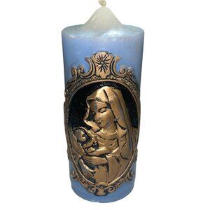 Candle Jasco 1978 Christmas Adoration Madonna & Child Blue Gold 5" Vintage